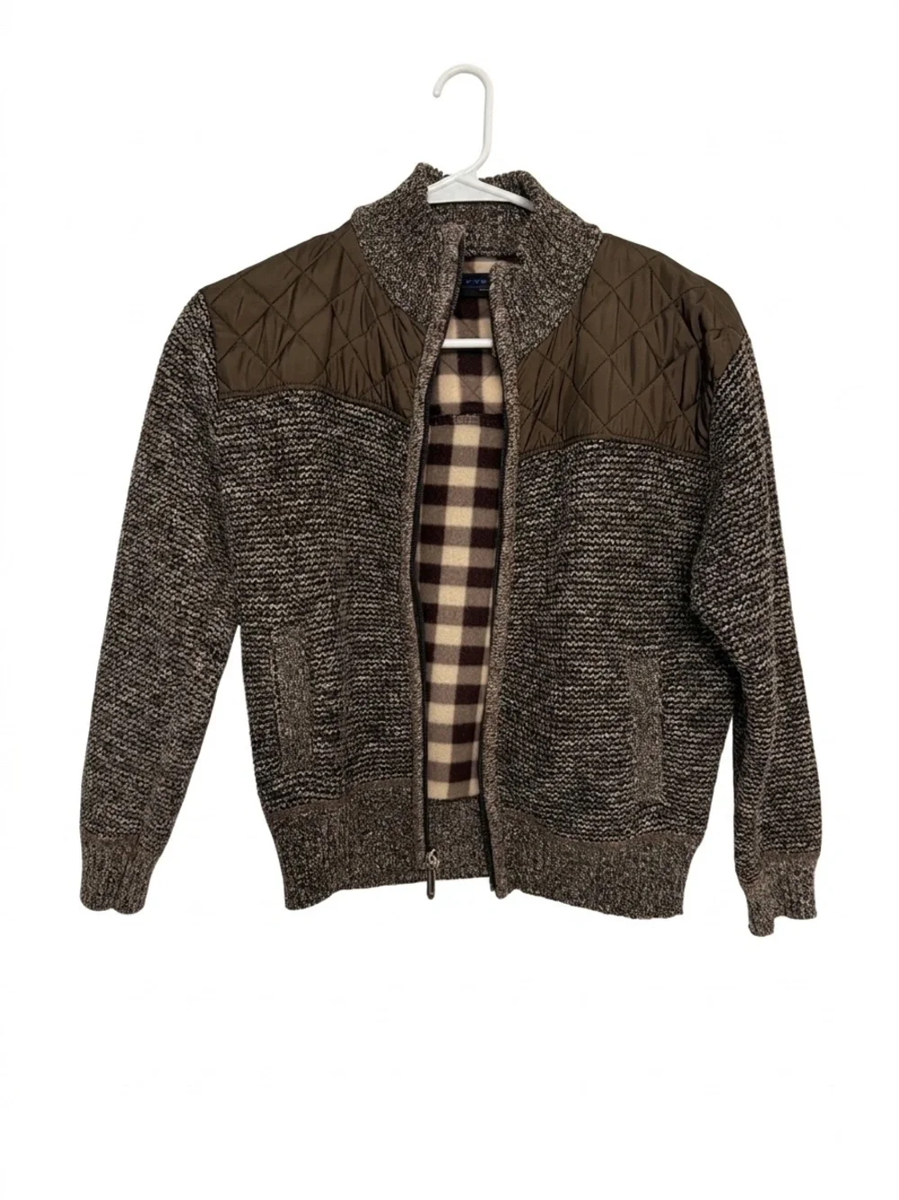 Boys Quilted Shoulder Brown Knit Zip Sweater Jacket